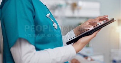 Buy stock photo Hands, nurse and person with tablet, healthcare and online reading for schedule, diagnosis treatment and website info. Closeup, employee and professional with technology, wellness and medical charts