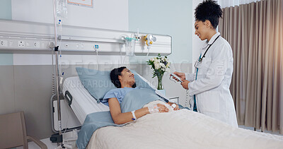 Buy stock photo Consultation, bed and doctor with patient in hospital for healthcare, communication or medical service. Help, discussion and cardiology surgeon with woman for postoperative checkup in clinic.