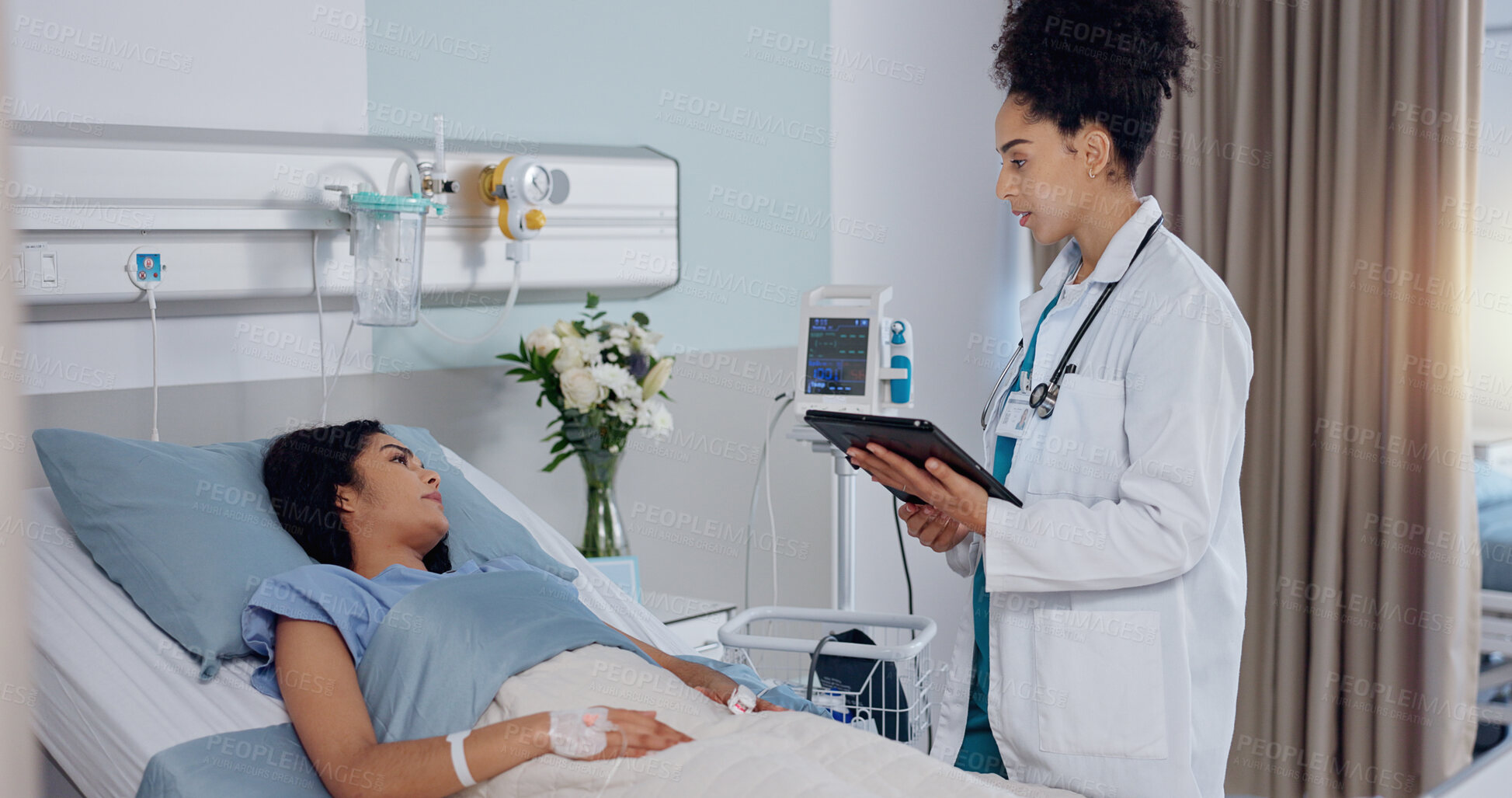 Buy stock photo Tablet, bed and doctor with patient in hospital for healthcare, consultation or medical service. Digital technology, discussion and cardiology surgeon with woman for postoperative checkup in clinic.