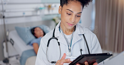 Buy stock photo Woman, doctor or tablet in hospital for healthcare, digital chart or patient medical record. Specialist, tech or person in bed for treatment, medicine schedule or diagnosis information for wellness