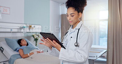 Buy stock photo Patient, tablet and doctor in hospital, woman and typing with internet, connection and online reading. Professional, medical and employee with tech, digital app and website information with network