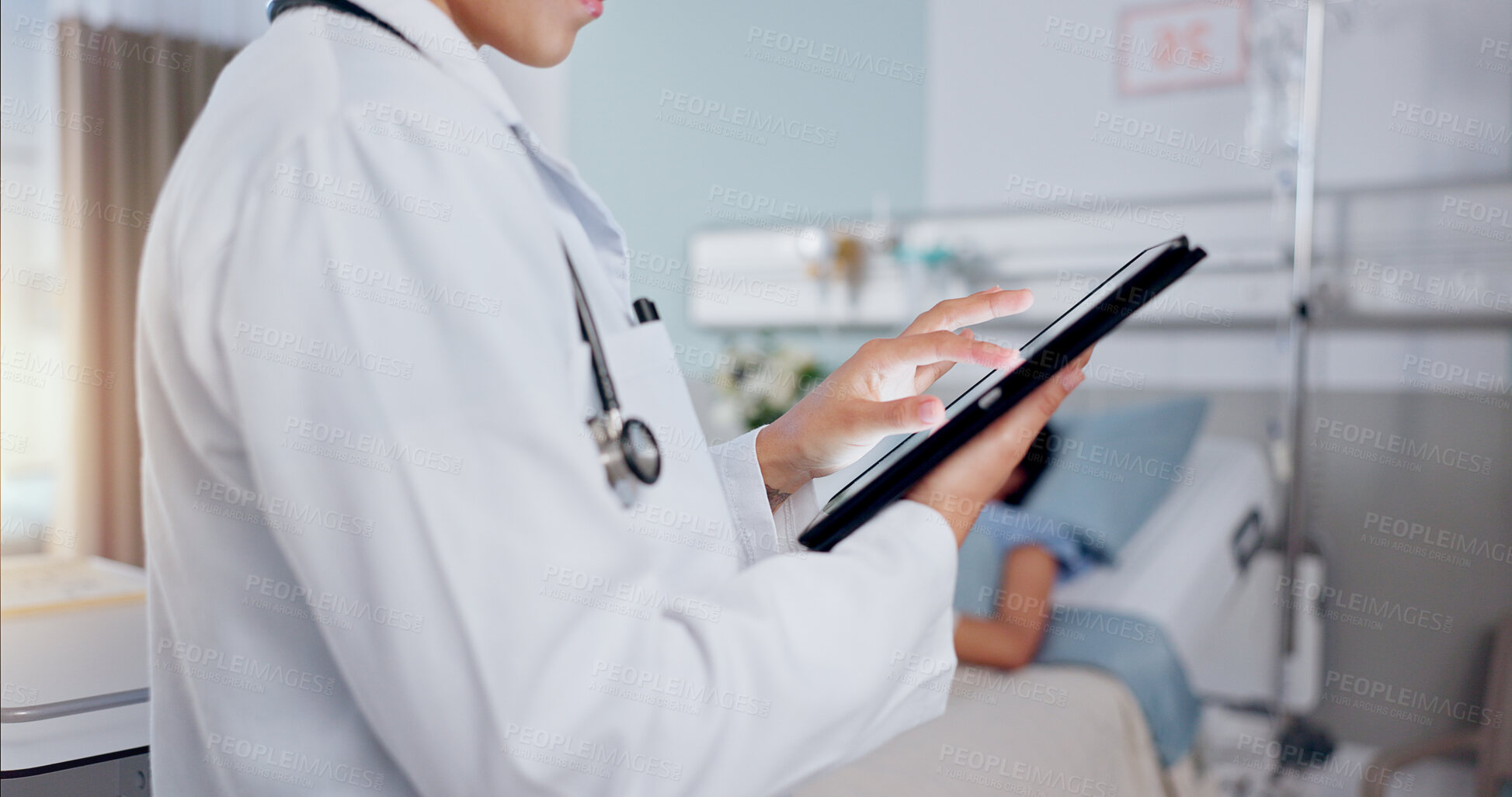 Buy stock photo Hands, doctor and person with tablet, wellness and online reading for schedule, diagnosis treatment and technology. Closeup, employee and professional with healthcare, website info and medical charts