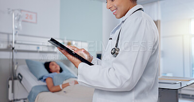 Buy stock photo Hands, doctor and woman with tablet, healthcare and online reading for schedule, diagnosis treatment and wellness. Closeup, person or professional with technology, website info and medical with smile