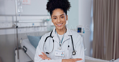 Buy stock photo Woman, doctor and happy with arms crossed at hospital for medical care, help and support. Female person, portrait and smile on confidence at clinic as cardiologist for healthcare and consultation