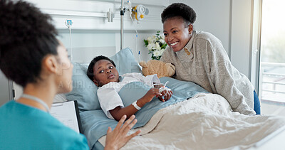 Buy stock photo Mother, nurse and black child patient in hospital for recovery of surgery for congenital heart disease. Checkup, sick and cardiology medical worker with African mom and kid for postoperative care.