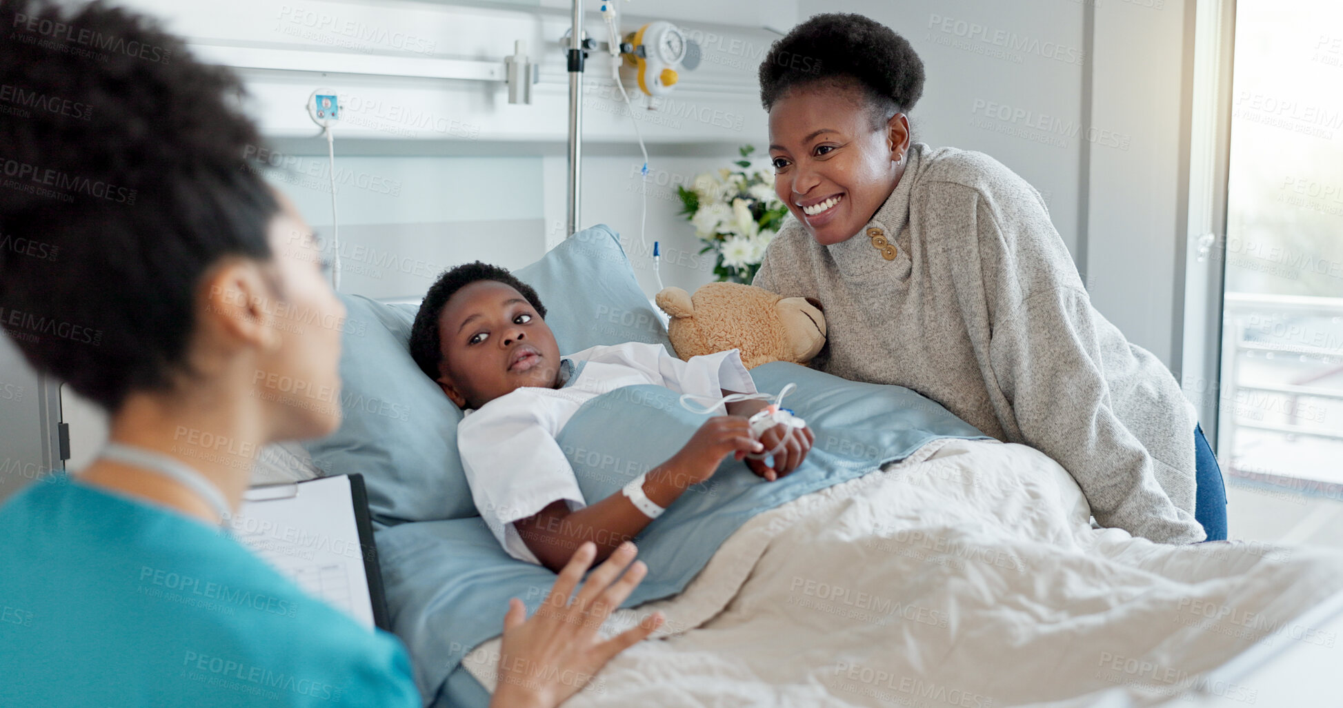 Buy stock photo Mother, nurse and black child patient in hospital for recovery of surgery for congenital heart disease. Checkup, sick and cardiology medical worker with African mom and kid for postoperative care.