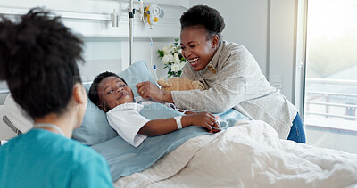 Buy stock photo Mom, nurse and black child patient in hospital for recovery of surgery for congenital heart disease. Checkup, sick and cardiology medical worker with happy mother and kid for postoperative care.