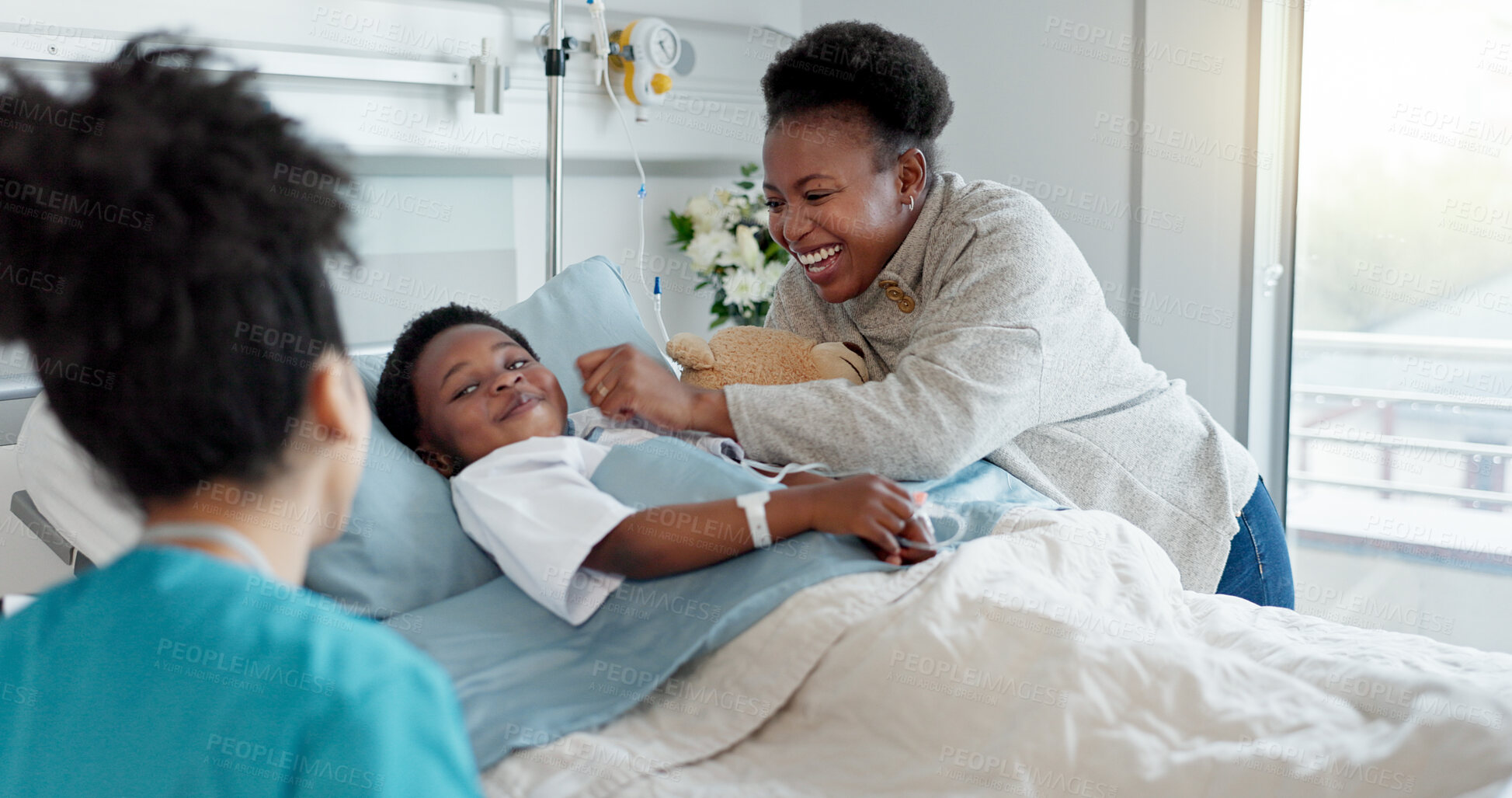 Buy stock photo Mom, nurse and black child patient in hospital for recovery of surgery for congenital heart disease. Checkup, sick and cardiology medical worker with happy mother and kid for postoperative care.