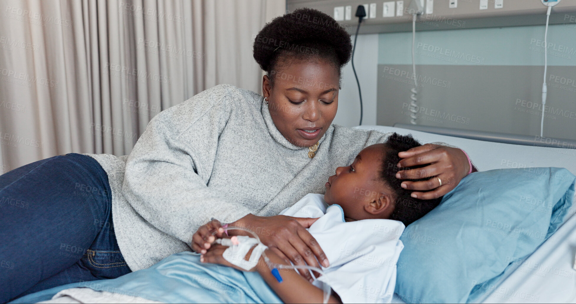 Buy stock photo Hospital bed, illness and black mother with girl, sick and comfort with injury, patient and recovery. Family, single parent and mama with baby, kid and childhood with healing, healthcare and wellness