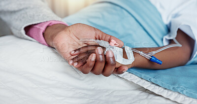 Buy stock photo Healthcare, child or holding hands in hospital bed with medicine, medical therapy or IV drip for Leukemia. Treatment, kid or parent for trust, care or chemotherapy in oncology department with support