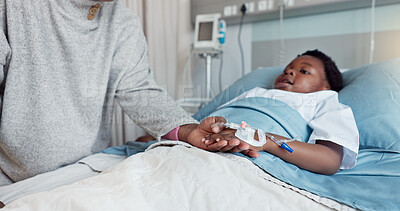 Buy stock photo Healthcare, child or support in hospital bed with medicine, medical therapy or IV drip for Leukemia. Treatment, kid or holding hands with parent for trust, care or chemotherapy in oncology department