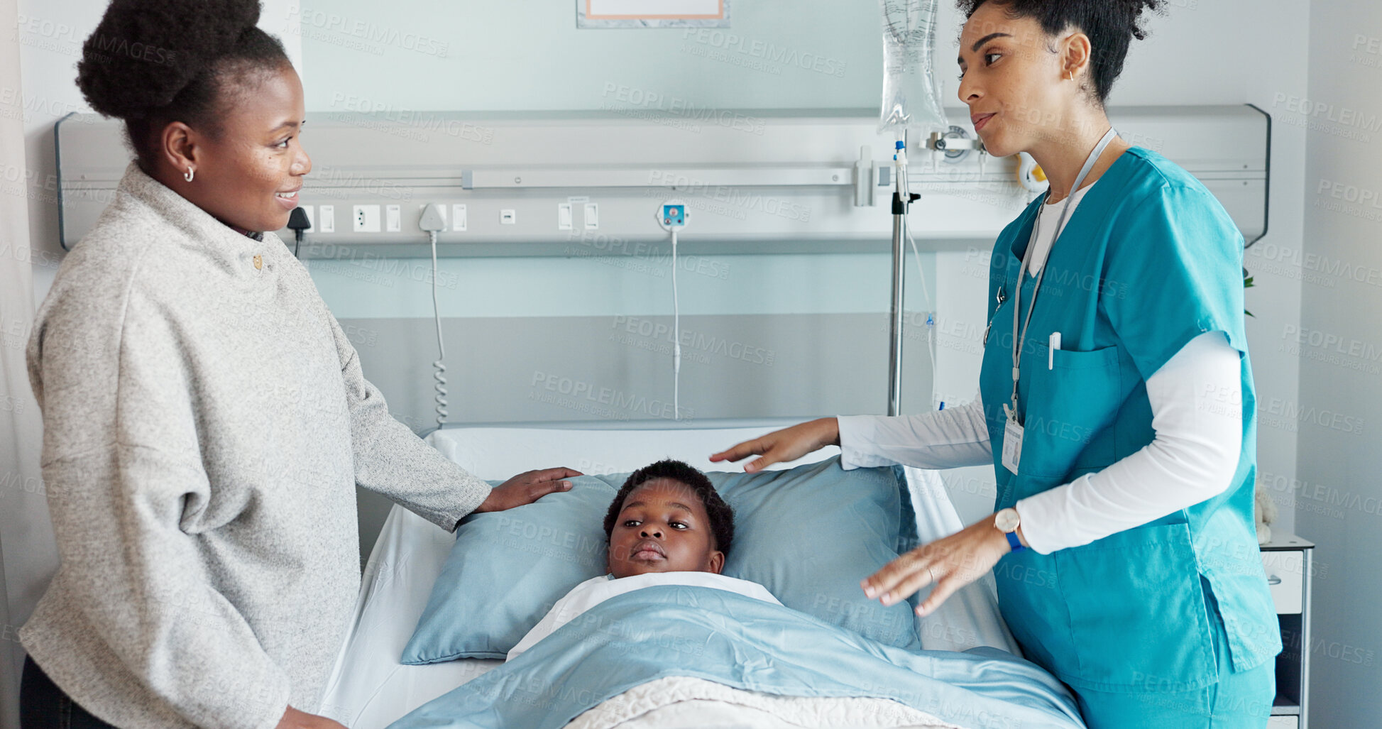 Buy stock photo Healthcare, nurse and child in hospital bed with mom, talking and discussion for progress update. Sick kid, mother and specialist in pediatric department for treatment, care and support for wellness