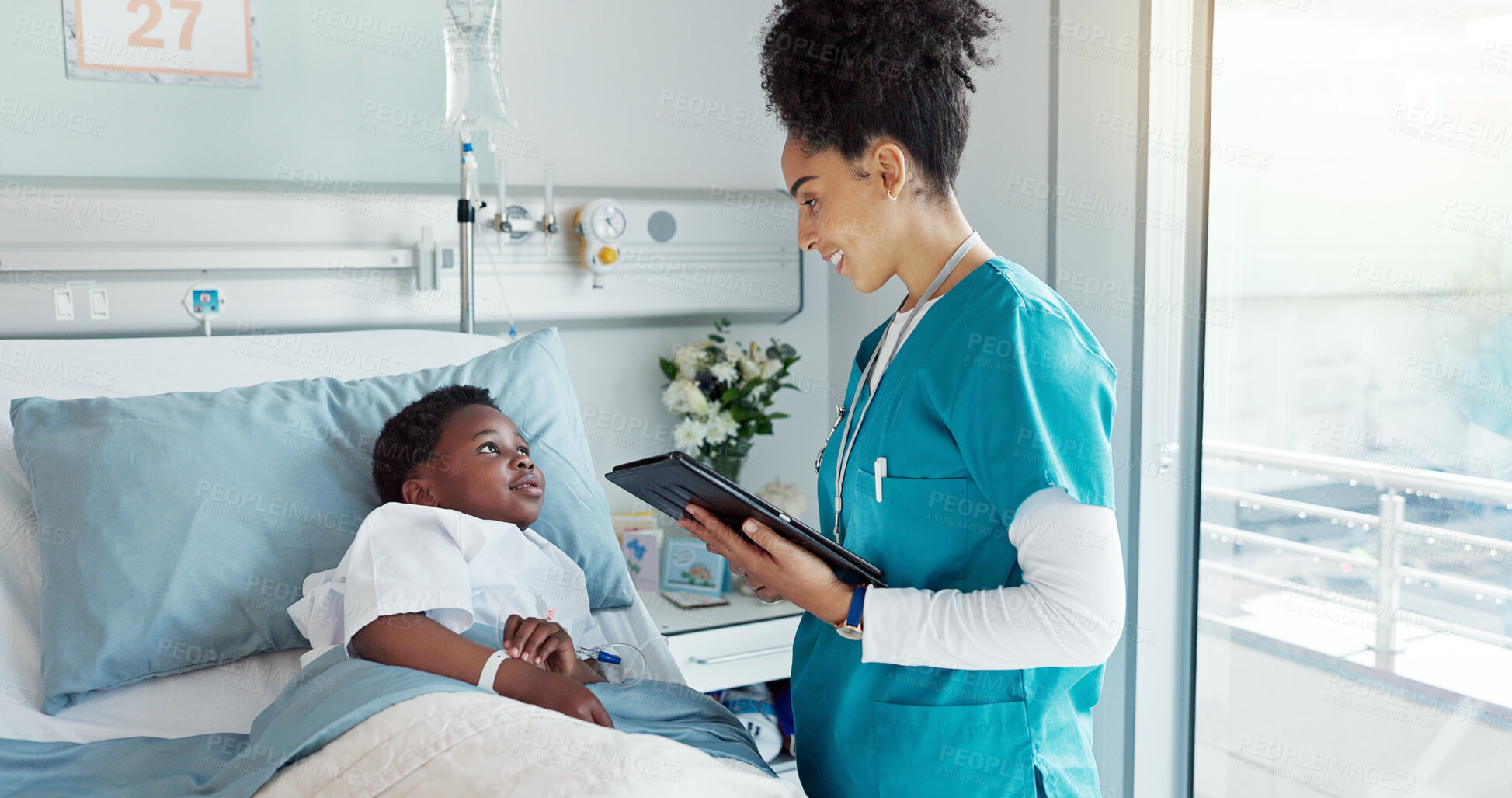 Buy stock photo Nurse, kid and patient on tablet with smile at hospital for test results, good news and feedback. People, happy and satisfied with recovery on illness or disease with care, support and love in bed