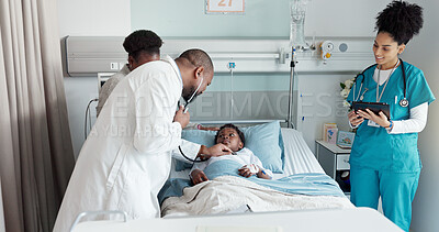 Buy stock photo Pediatrician, patient and kid with mother in hospital bed with stethoscope for checkup, test results and records. People, doctor and happy with tablet for medical report with good news and recovery