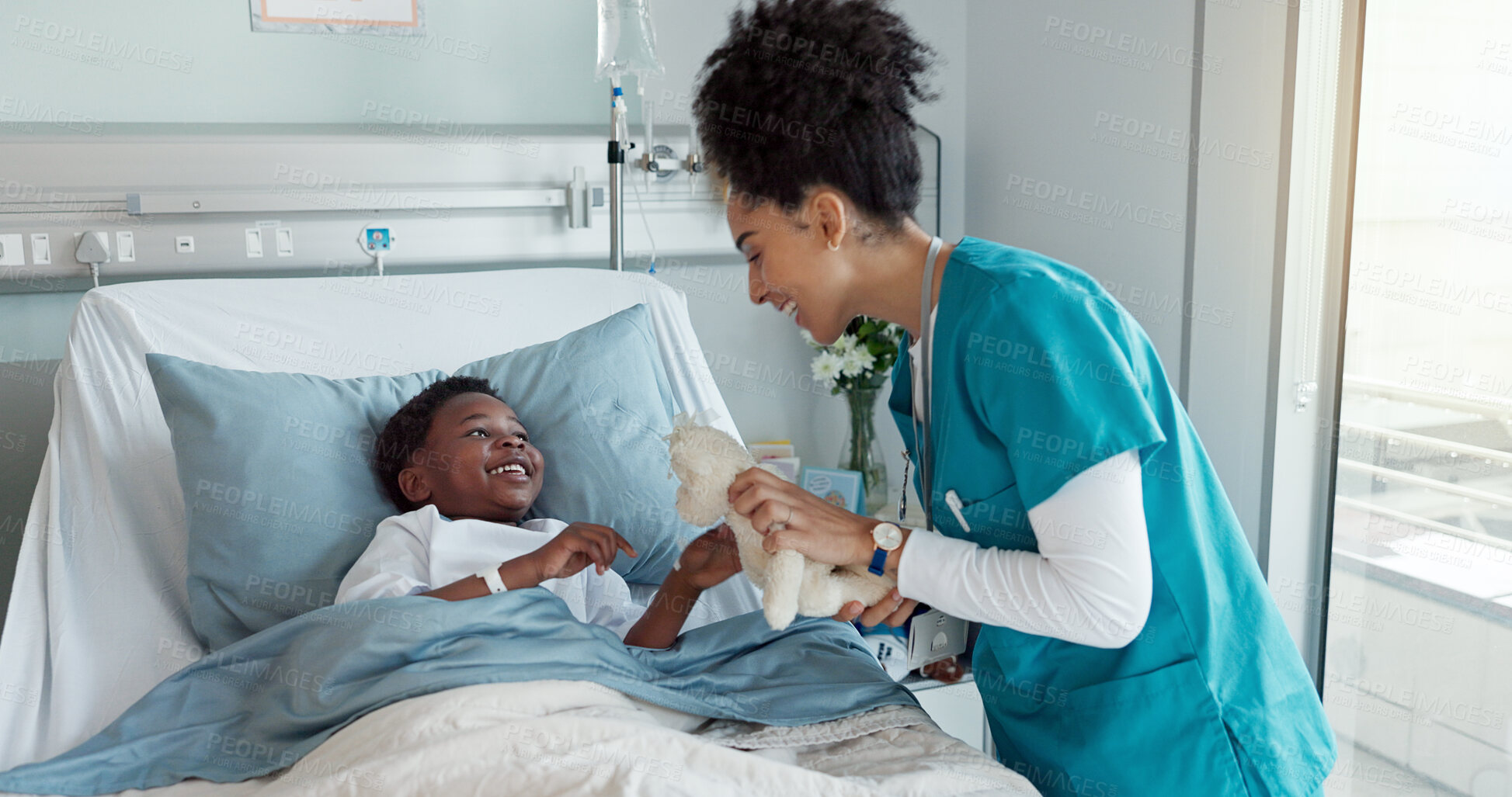 Buy stock photo Pediatrician, kid and patient with smile for doll at hospital for checkup, good news and recovery. People, happy and satisfied with progress on illness or disease with care, support and love in bed