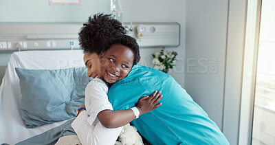 Buy stock photo Nurse, kid and patient on hug with smile at hospital for test results, good news and feedback. People, happy and satisfied with recovery on illness or disease with care, support and love in bed