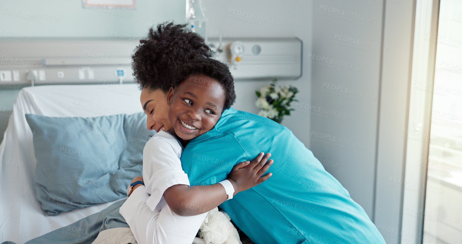 Buy stock photo Nurse, kid and patient on hug with smile at hospital for test results, good news and feedback. People, happy and satisfied with recovery on illness or disease with care, support and love in bed