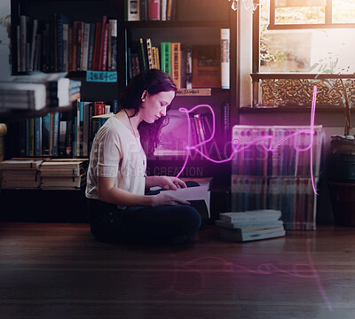 Buy stock photo A young woman sitting on the floor with her legs crossed and reading