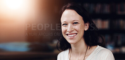 Buy stock photo Happy, portrait of woman librarian and in a library with a smile for education. Reading or learning, studying academic or happiness and cheerful female person at a book store looking for books 