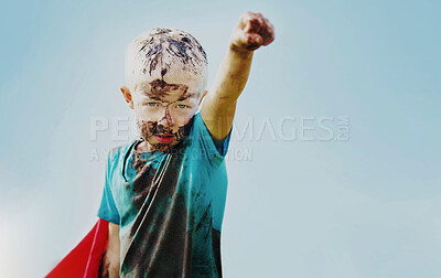 Buy stock photo Child, superhero and outdoor with dirt for game, fantasy play or energy at sky space. Young boy, cape or mud on face with daydreaming, cosplay or imagination with freedom in comic character in nature