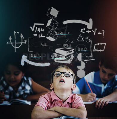 Buy stock photo Young boy feeling overcome with boredom in the classroom