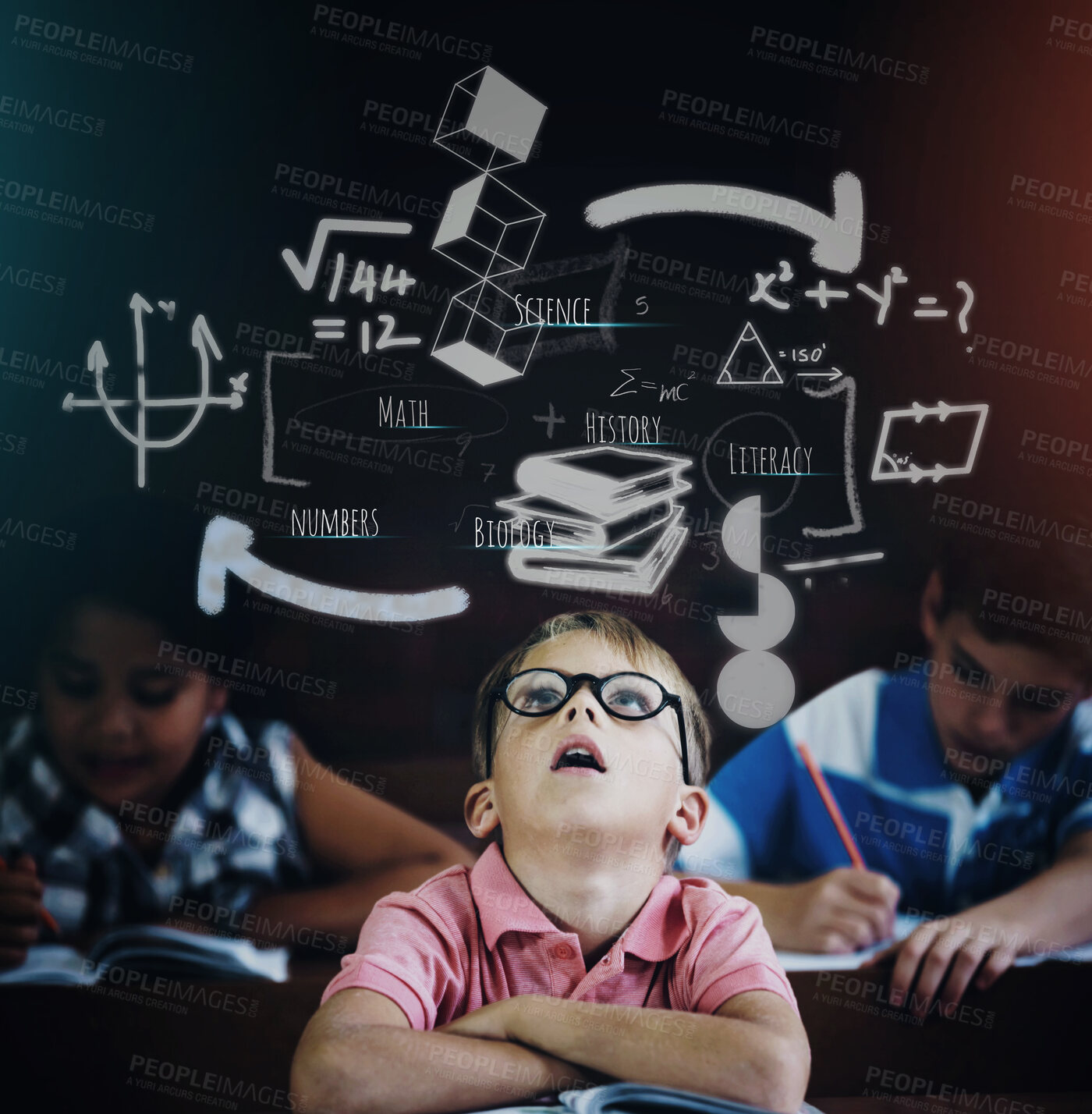 Buy stock photo Young boy feeling overcome with boredom in the classroom