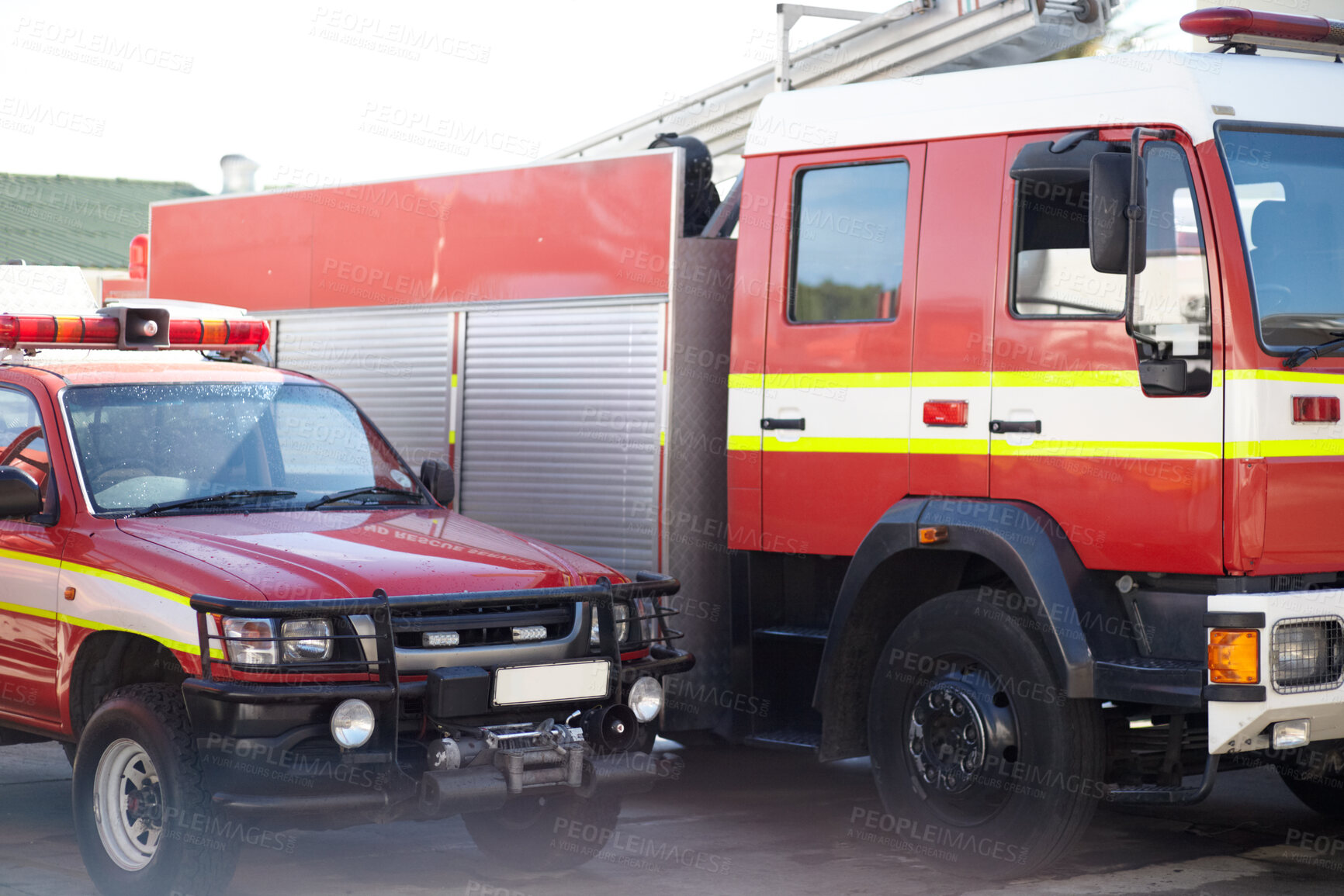 Buy stock photo Fire engine, truck and rescue services at station ready for firefighting, emergency and transportation. Firefighter vehicles parked outside for safety, transport and equipment  for brigade protection