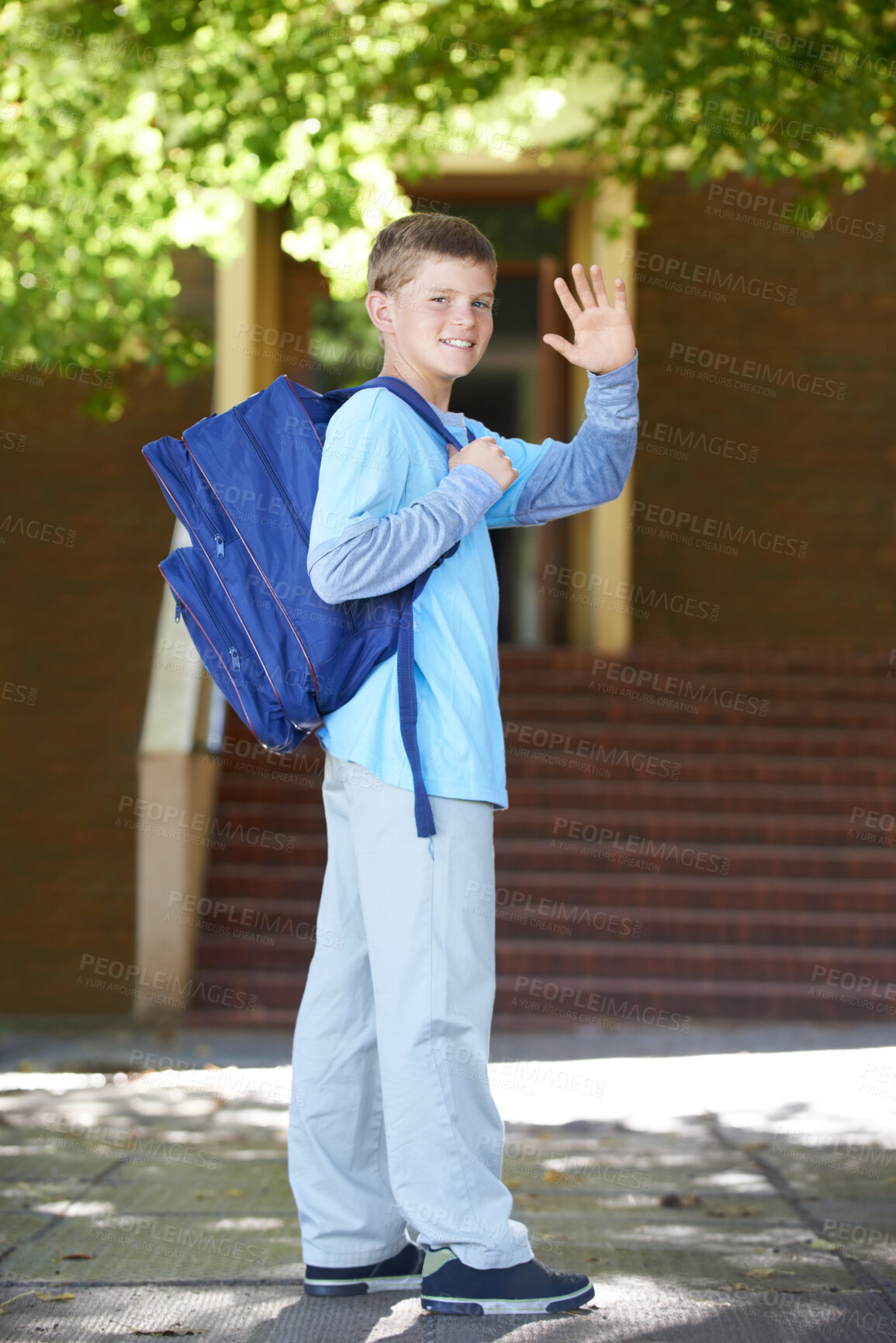 Buy stock photo Portrait, boy and school with backpack, wave and education with knowledge, outdoor and person. Student, outside or kid with a smile, childhood development or greeting with joy, symbol or hand gesture