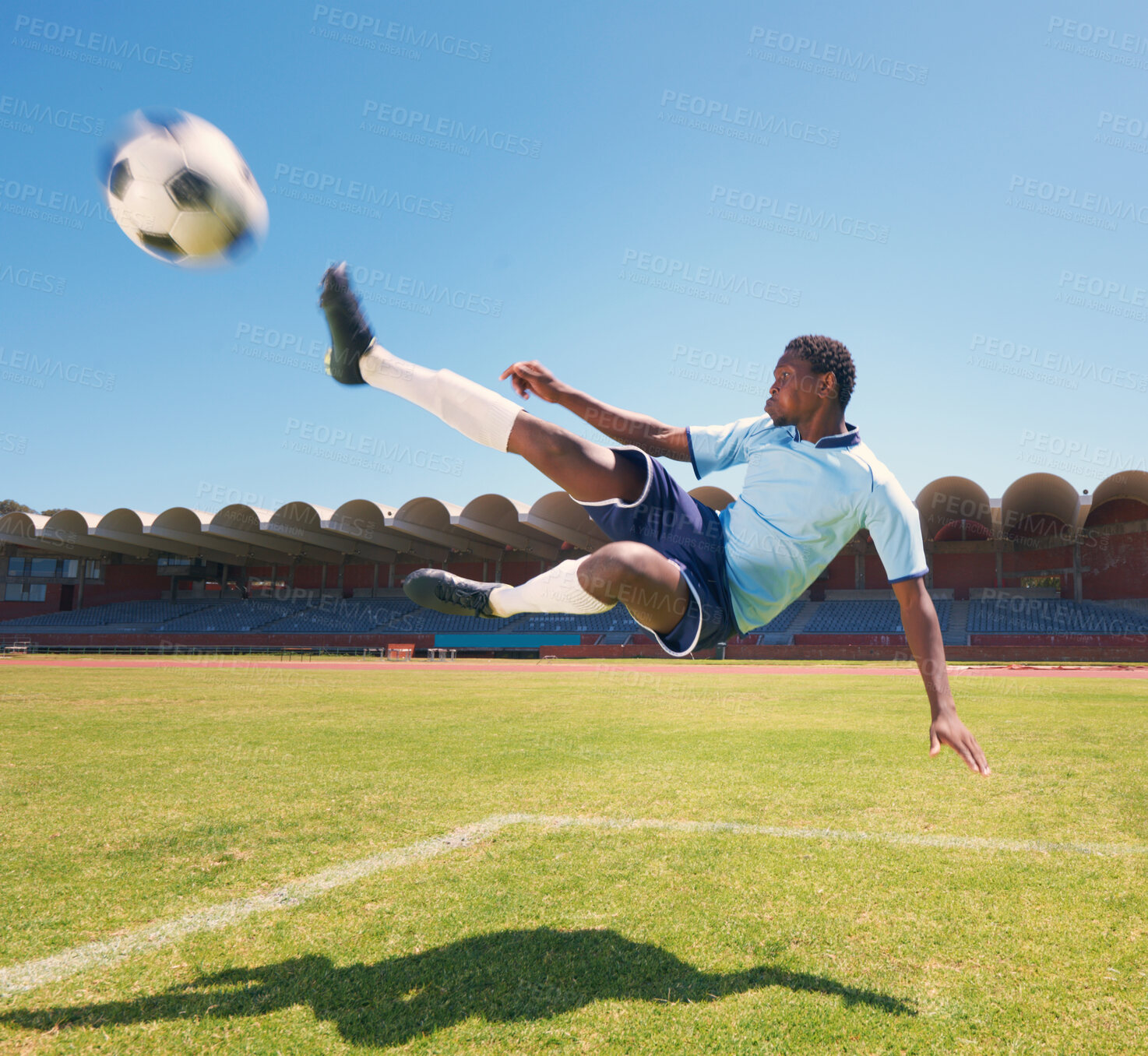 Buy stock photo Soccer man, volley kick and field for fitness, goal or competition for wellness, health or sport. Person, football and shooting for jump, air or training in summer sunshine at stadium, pitch or grass