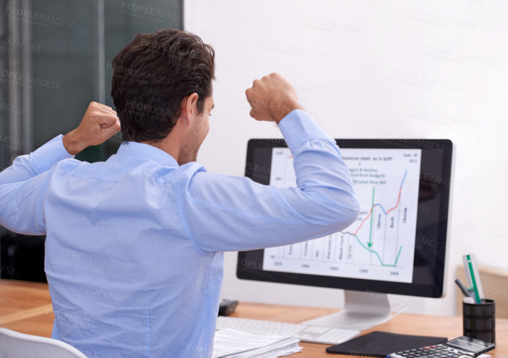 Buy stock photo Businessman, celebration or computer for stock market success with profit, reward or online bonus. Yes, happy or trader with fist pump for achievement, goals or winning on investment graphs or charts