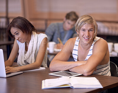 Buy stock photo Education, tablet and portrait of man with books for studying, learning and research for knowledge. University, college and student on digital tech and textbooks for assignment, website and online