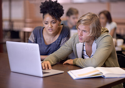 Buy stock photo University, students and people in library on laptop for online research, studying and learning. Education, college and man and woman with textbooks, computer and reading website for knowledge