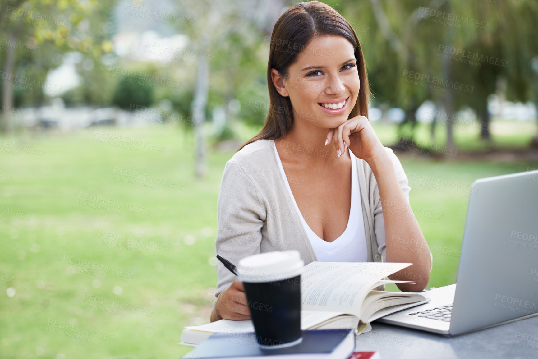 Buy stock photo Woman, portrait and coffee with laptop in park, technology and education with textbooks for studying. College student, face or happy in outdoor by tea, books and writing notes by learning on internet