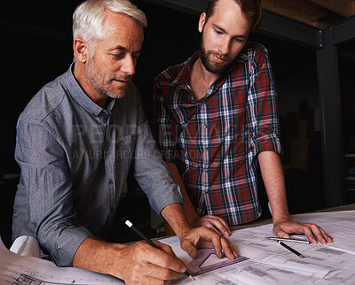 Buy stock photo Mature man, architect or blueprint to draw, teamwork or project for technical communication. Older designer, mentor or apprentice for writing, collaboration or working for professional expert