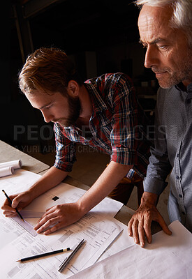 Buy stock photo Architecture, collaboration and engineers with blueprint in office for building, construction or repairs. Team, design and industrial apprentice planning and working on industry project with mentor.