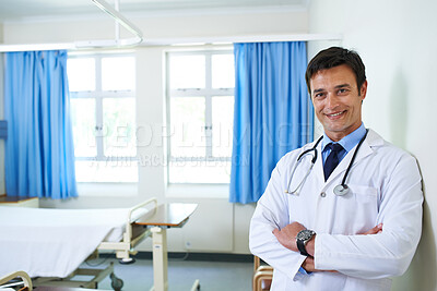 Buy stock photo Portrait, doctor and man with arms crossed, expert and happy to help in hospital, proud and smile. Clinic, medical professional and confident person, healthcare with orthopedic surgeon or employee