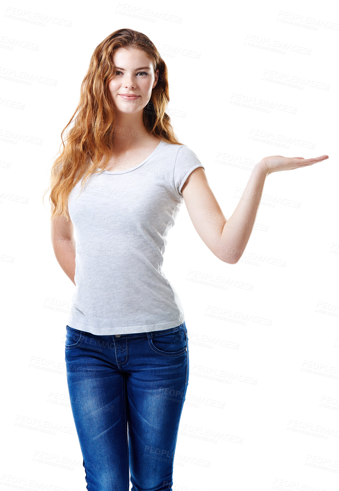 Buy stock photo Student, portrait or hand in studio with option, product placement or future scholarship. Girl, positive or gesture on white background space for decision, vote or choice for higher education funding