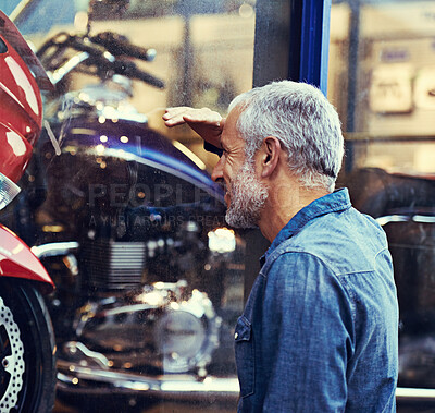 Buy stock photo Shop, window and man looking at motorbike with dream, inspiration and budget planning for bike. Thinking, saving and mature person checking motorcycle in store for travel, transport and decision.