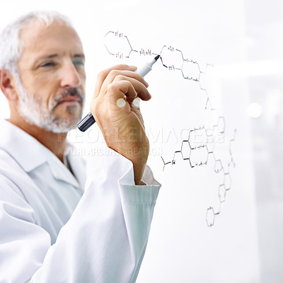 Buy stock photo Man, writing and science by glass wall in lab with formula, chemistry and connection for solution. Mature person, DNA and thinking with notes on board for problem solving, research and pharma career