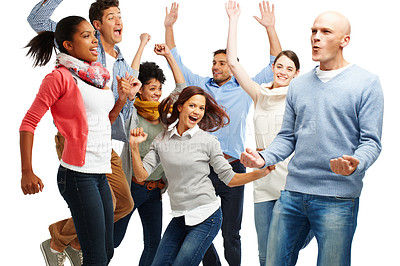 Buy stock photo Happy, jump and group of people in studio for team building, collaboration or creative career success. Employees, diversity and celebration for partnership, achievement or winning on white background