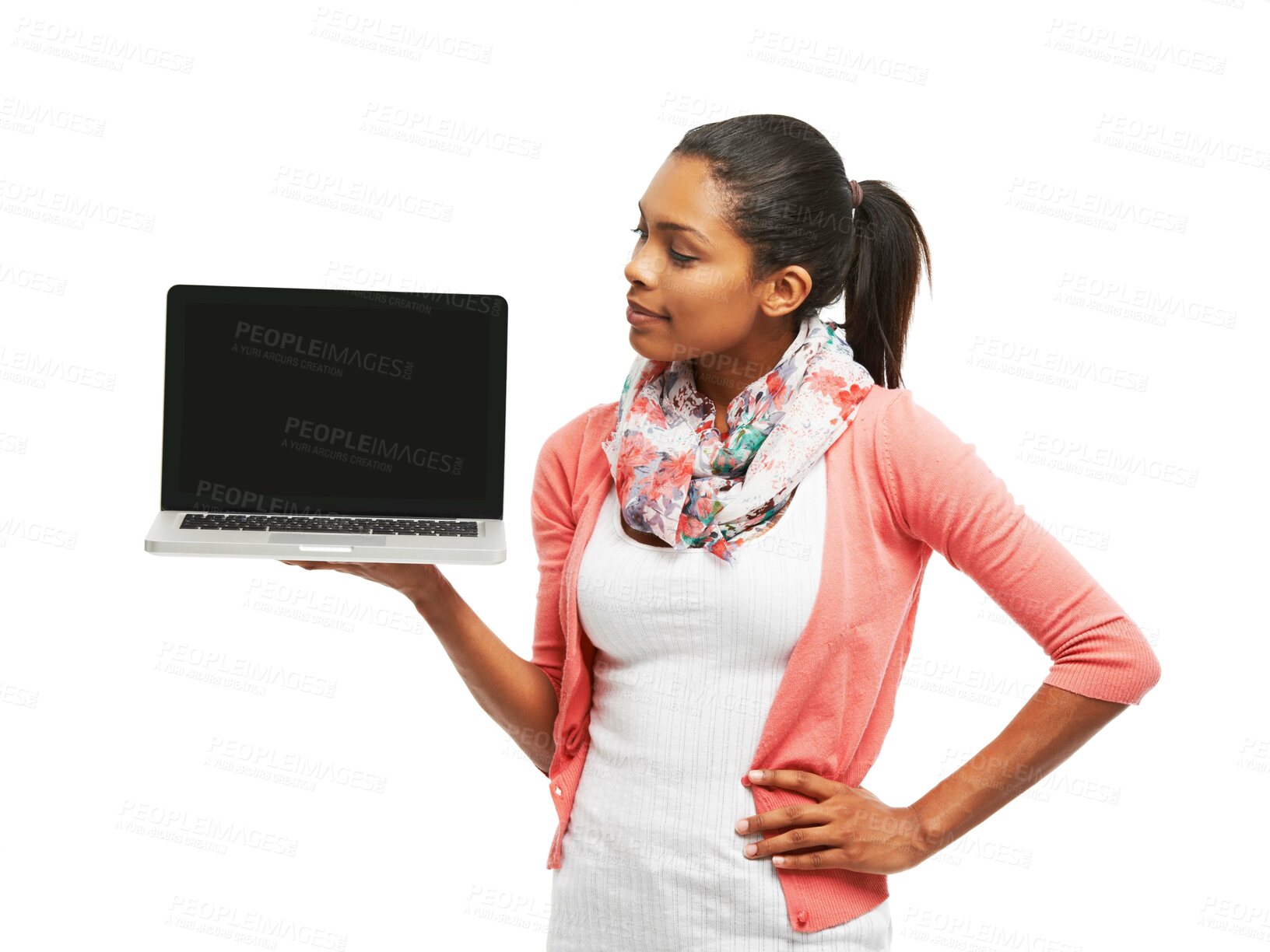 Buy stock photo Woman, advertising and marketing with laptop screen for online app or showcase on a white studio background. Young, female person or model with computer or technology display in palm for mockup space