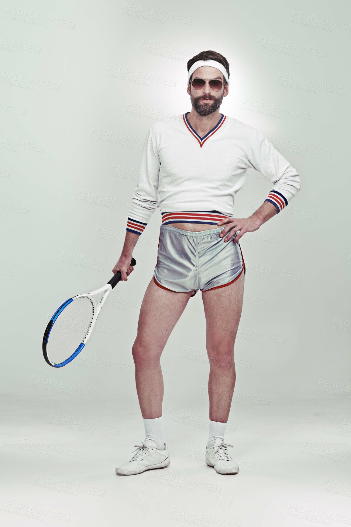 Buy stock photo Portrait, man and vintage as tennis player with style, outfit and racket on studio background. Male person, confidence and sportswear for retro fashion, game or challenge in fitness, wellness or pose