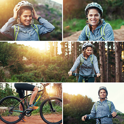 Buy stock photo Collage, woman and happy with bicycle in forest for fitness, exercise and workout for health. Composite, female person and smile in woods with cycling adventure for wellness, wellbeing and self care