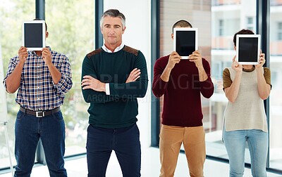 Buy stock photo Portrait, business and people hiding with tablet in office for creative disguise, technology judge and anonymous. Group, digital screen and mockup space for identity, online privacy and confidential