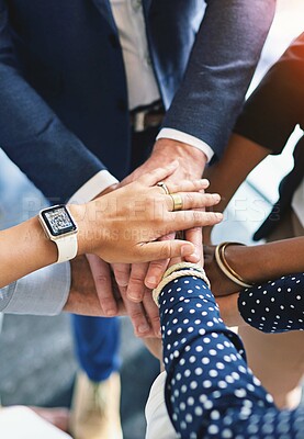 Buy stock photo Hands together, business and above in meeting, teamwork and collaboration for workshop or success. Group of people, cooperation and unity in office, synergy or positive as colleagues with motivation