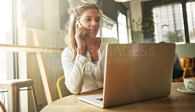 Buy stock photo Coffee shop, phone call and business woman on laptop for remote work, communication and networking. Freelancer, restaurant and person on computer in cafe for internet, planning and online discussion