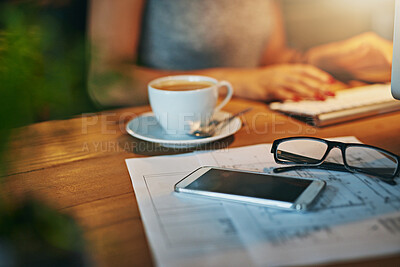 Buy stock photo Blueprint, phone and architect on desk with glasses, coffee or woman typing on keyboard at night. Engineer, paper or drawing for building design, floor plan or construction sketch for office deadline