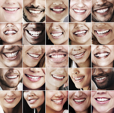 Buy stock photo Dental, care and mosaic of people with smile, diversity and global healthcare for cosmetic tooth hygiene. Happy group, men and women in collage with veneers, teeth whitening or healthy mouth montage