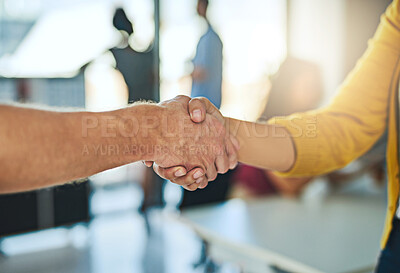 Buy stock photo Shaking hands, closeup and business people for collaboration success, respect or workplace welcome. Handshake, agreement and creative cooperation for partnership contract, teamwork or congratulations