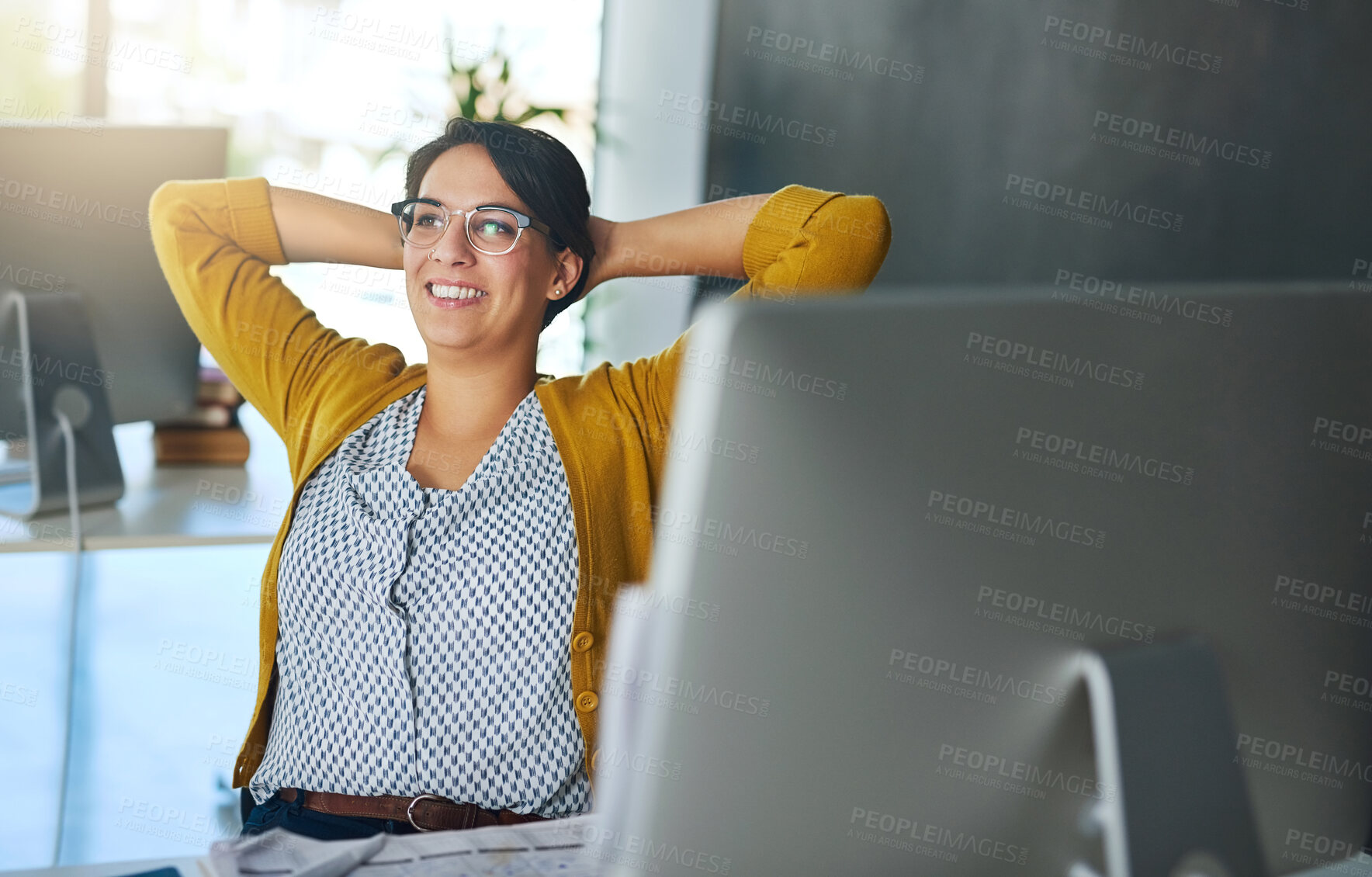 Buy stock photo Business woman, stretching and finished on break or relax at desk in digital agency or company. Female person, employee and smile in office, corporate job or career as project management professional